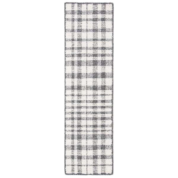 Abstract 2 ft. x 6 ft. Ivory/Black Border Plaid Runner Rug