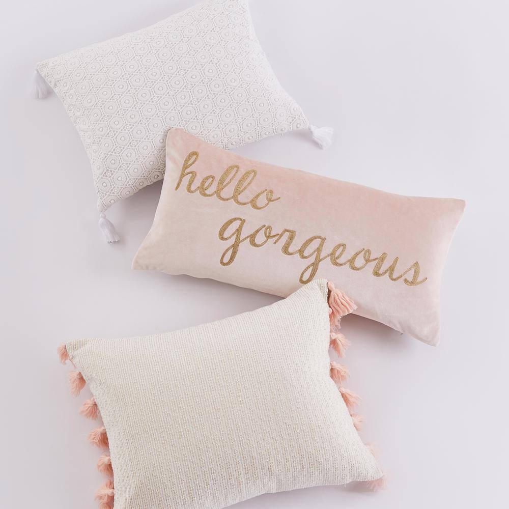 Fiori 16x20 Cream and Tan Textured Decorative Pillow with Coral Pink Tassels