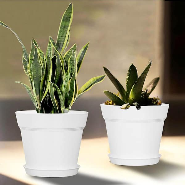 White Plastic Indoor/Outdoor Planter with Saucer (6 in. W x 5 in