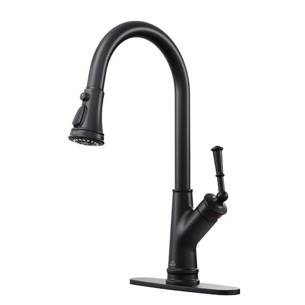 Boyel Living 3-Spray Patterns Single Handle Pull Down Sprayer Kitchen Faucet with Deckplate and Water Supply Hoses in Matte Black