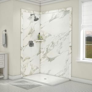 Elegance 36 in. x 48 in. x 80 in. 7-Piece Easy Up Adhesive Corner Shower Wall Surround in Calcutta Gold