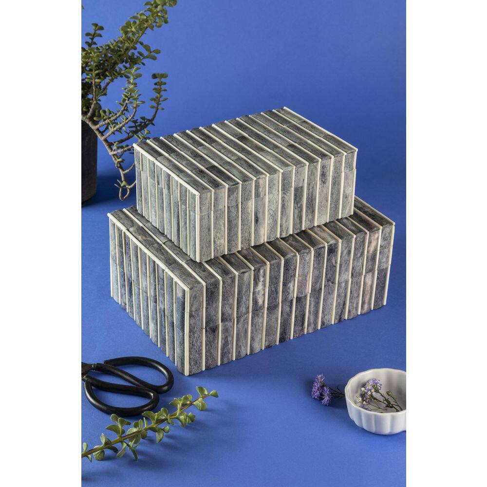 Gray and Ivory Carved Bone Decorative Boxes, Set of 2