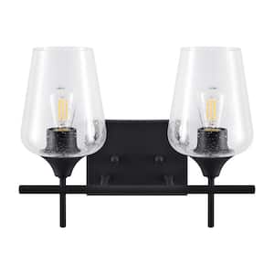 2-Light Black Bathroom Sconce Vanity Light with Seeded Glass Shades