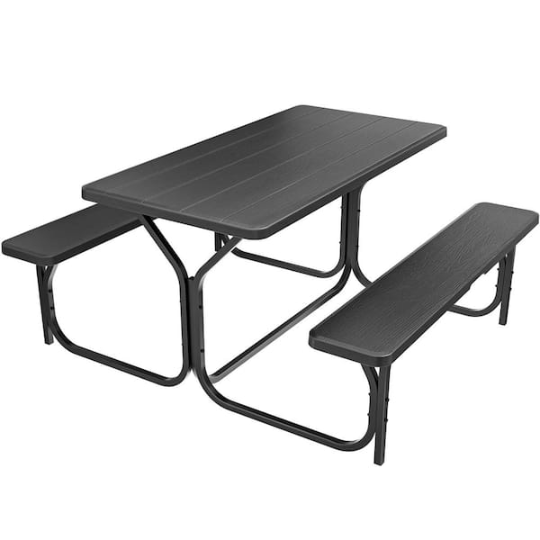 DEXTRUS 4.5 ft. Black Rectangular Steel Frame Outdoor Picnic Table Bench with Weather Resistant Resin Tabletop and Stable