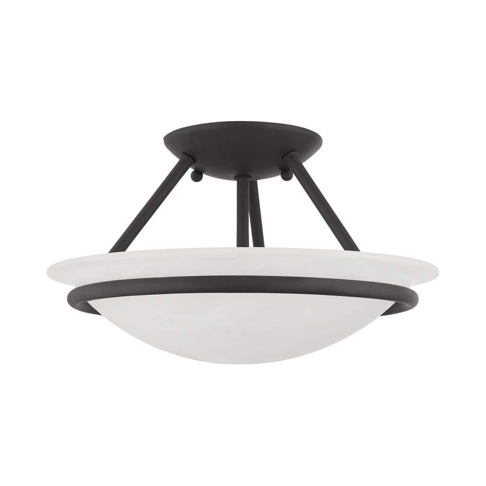 Lustrous Black Nickel 2-Light Semi Flush Mount with White Alabaster Glass Bowl