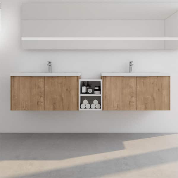 null 84 in. W Modern Bath Vanity with Resin Top, Double Sink, Soft Closing Door-Imitative Oak