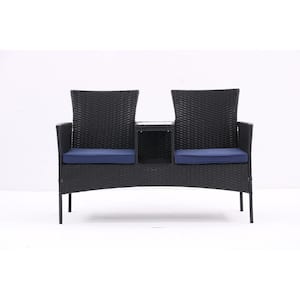 Coffee Wicker Outdoor Loveseat Lounge Chairs Patio Conversation Furniture Set with Blue Cushions & Built-in Coffee Table