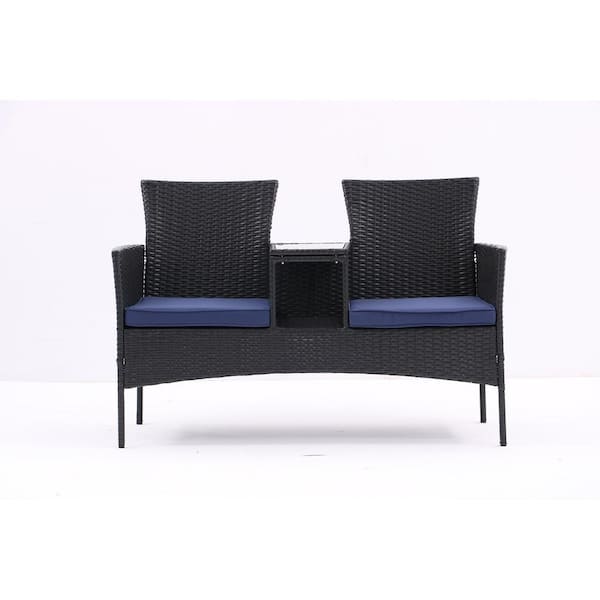 Unbranded Coffee Wicker Outdoor Loveseat Lounge Chairs Patio Conversation Furniture Set with Blue Cushions & Built-in Coffee Table
