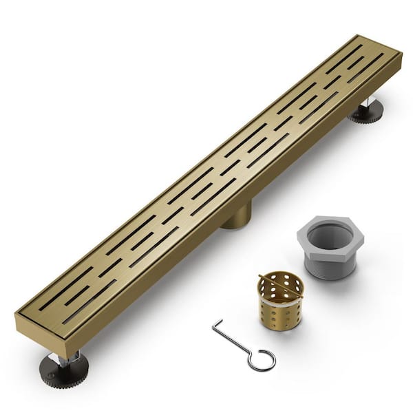 32 in. Linear Shower Drain, Brick Pattern 304 Stainless Steel Floor Drain w/Hair Strainer in Brushed Gold