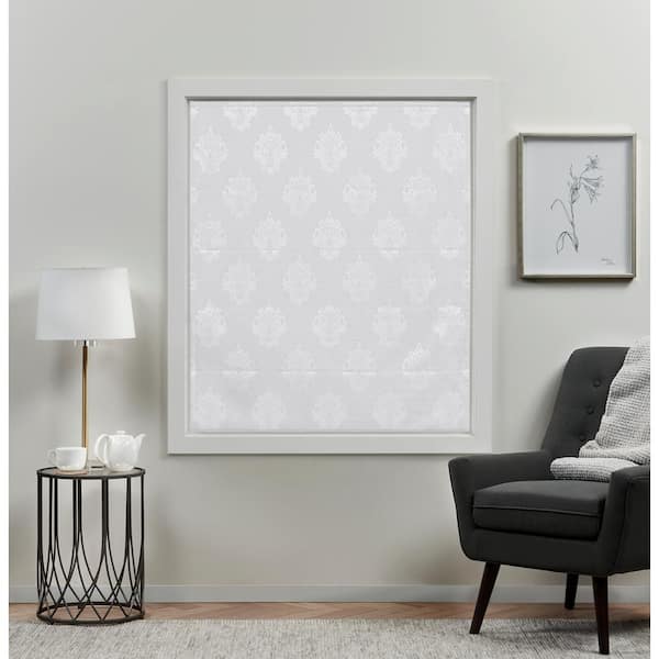 Marseilles Damask White Cordless Total Blackout Polyester Roman Shade 27 in. W x 64 in. L