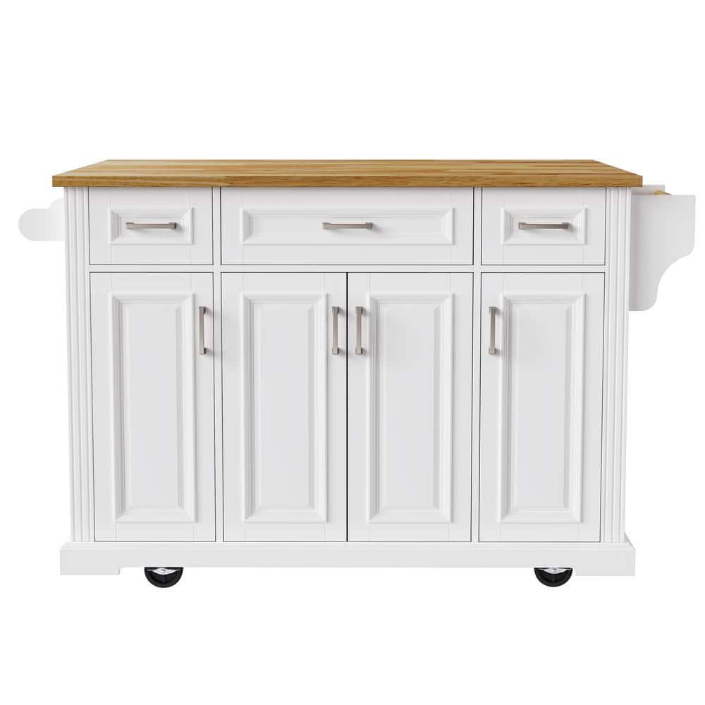 White Rubber Wood Tabletop 54 in. Kitchen Island on 4 Wheels with Drop Leaf, 4 Doors and 3 Drawers