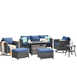 Hyperion 7-Piece Wicker Patio Rectangular Fire Pit Set and with Denim Blue Cushions and Swivel Rocking Chairs