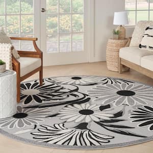 Aloha Black White 5 ft. x 5 ft. Botanical Contemporary Round Indoor/Outdoor Area Rug