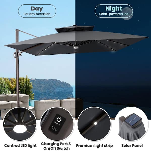 11-foot rectangular aluminum solar patio umbrella in olive 11X11 FT Square Cantilever Outdoor with Lights Base Included | Modern Contemporary Solid Pattern Black Color This cantilever umbrella features a rotation option to shield UV rays from all directions Yuliana 180'' x 108'' Rectangular