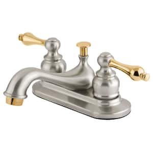 Restoration 4 in. Centerset 2-Handle Bathroom Faucet with Plastic Pop-Up in Brushed Nickel/Polished Brass