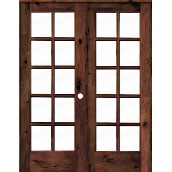 Krosswood Doors 56 in. x 80 in. Knotty Alder Left-Handed 10-Lite Clear Glass Red Mahogany Stain Wood Double Prehung French Door