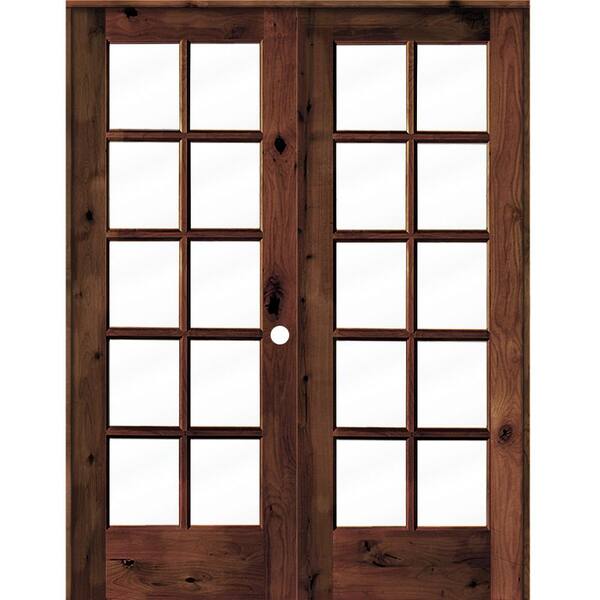 Krosswood Doors 64 in. x 80 in. Knotty Alder Left-Handed 10-Lite Clear Glass Red Mahogany Stain Wood Double Prehung French Door