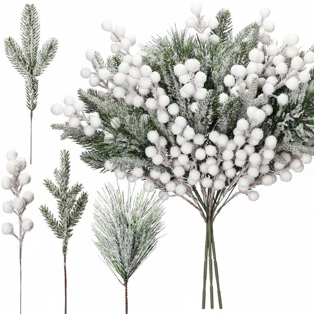80 in. White Artificial Pine Needles Foliage Berry Stems Cedar