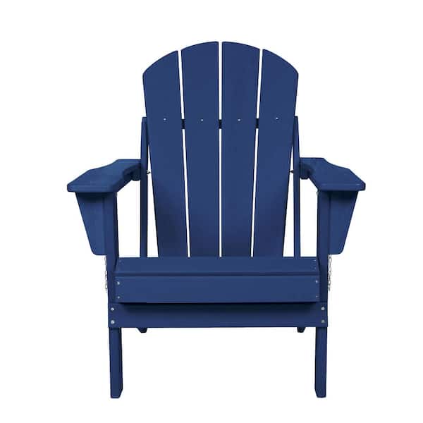 TIRAMISUBEST Navy Blue HDPE Composite Woodgrain Adirondack Chair with Dual Guard Cup Holders​