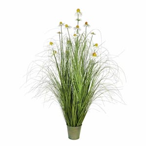 60 in. Artificial Potted Green Grass and Daisies