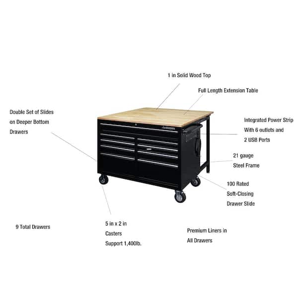 Tool Storage 46 in. W x 51 in. D Standard Duty Black Mobile Workbench Cabinet with Solid Top Full Length Extension Table