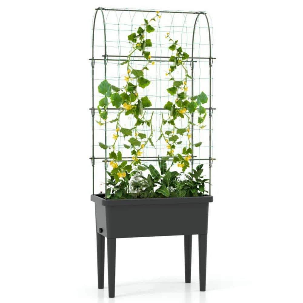 Black Metal Self-watering Raised Garden Bed Elevated Planter with Climbing 