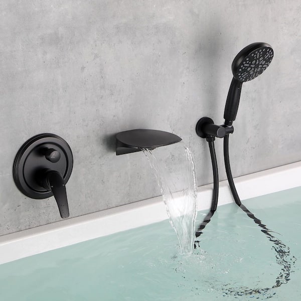 1-Handle 7-Spray Wall-Mount Waterfall Tub and Shower Faucet 2.5 GPM with Hand Shower in Matte Black (Valve Included)