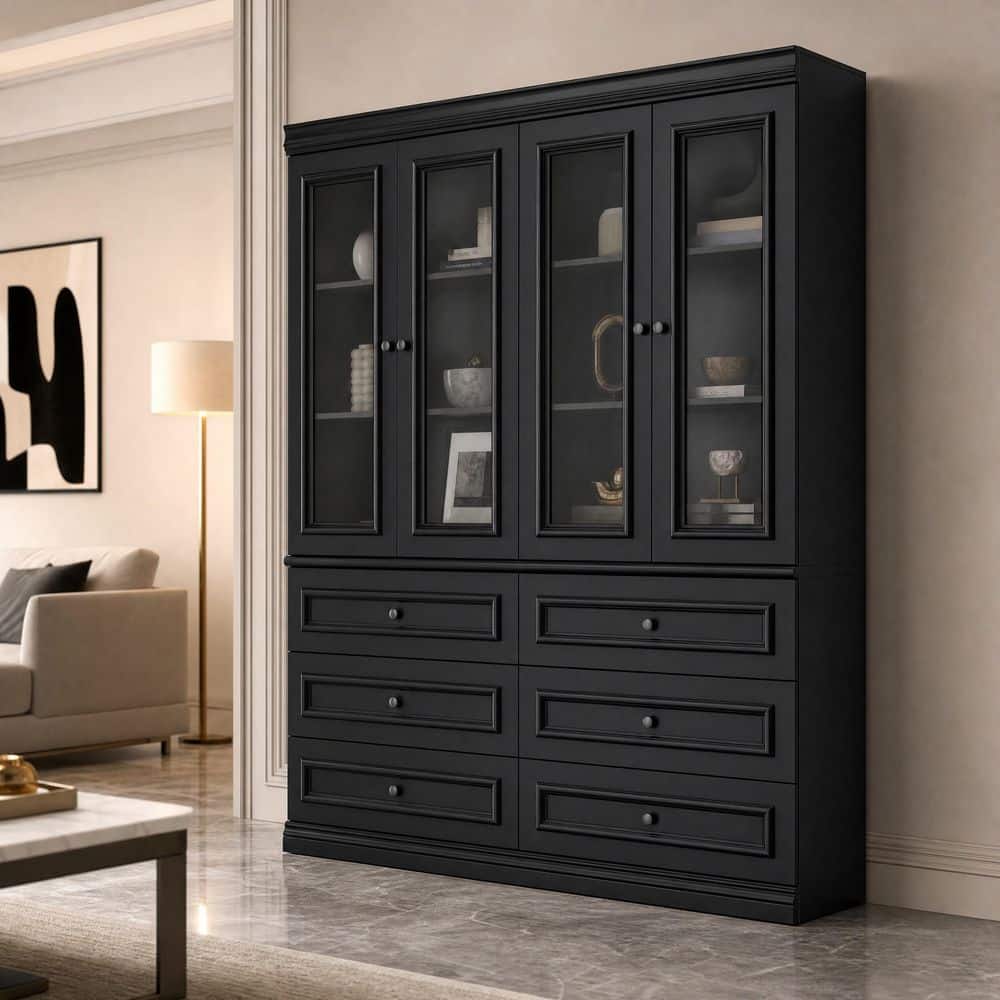 78.7 in. Tall Black Wood 6-Shelf Standard Bookcase with 4 Glass Doors, 6 Drawers, and Accent Design