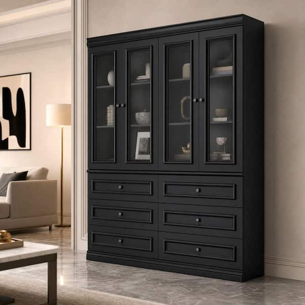 78.7 in. Tall Black Wood 6-Shelf Standard Bookcase with 4 Glass Doors, 6 Drawers, and Accent Design
