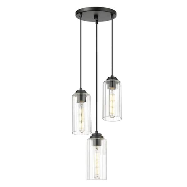 Modern 3 Light Black Pendant Light with Clear Striped Glass Shades, No Bulbs Included