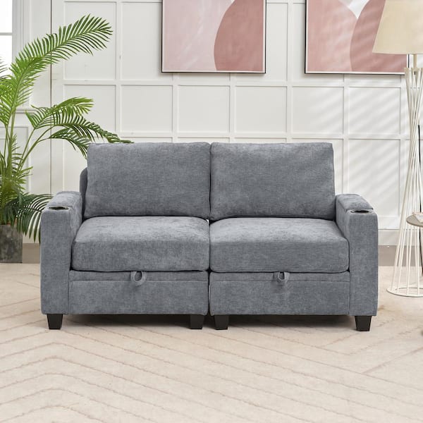 Modern 64.6 in Grey Chenille Storage Loveseat with Cup Holder and Ottoman for Living