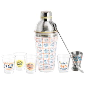 Bordertown Buzz 7-Piece 17 oz. Glass Bar Collection with Drink Recipe Shaker Set in Pink