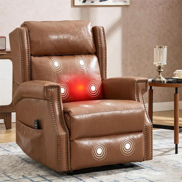 Chelsea Camel Faux Waxed Leather Upholstered Manual Recliner Chair with Massage, Lumbar Heat and Nailhead Trim