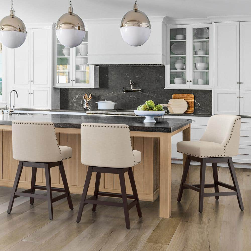 Off-White Linen Upholstered Swivel Counter Stools with Wood Legs, Set of 3