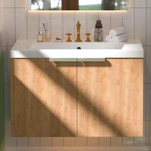 30 in.W x 18 in.D x 19 in.H Wall Mount Bath Vanity in Imitative Oak with Conceal Handle and White Resin Single Sink Top