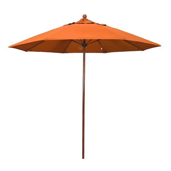 California Umbrella 9 ft. Woodgrain Aluminum Commercial Market Patio Umbrella Fiberglass Ribs and Push Lift in Tangerine Sunbrella