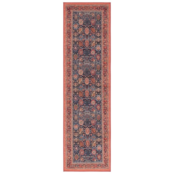 Journey 2 ft. x 8 ft. Navy/Rust Beige Machine Washable Ornate Border Runner Rug