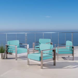Cape Coral Silver Armed Metal Outdoor Lounge Chairs with Canvas Aruba Sunbrella Cushions (4-Pack)