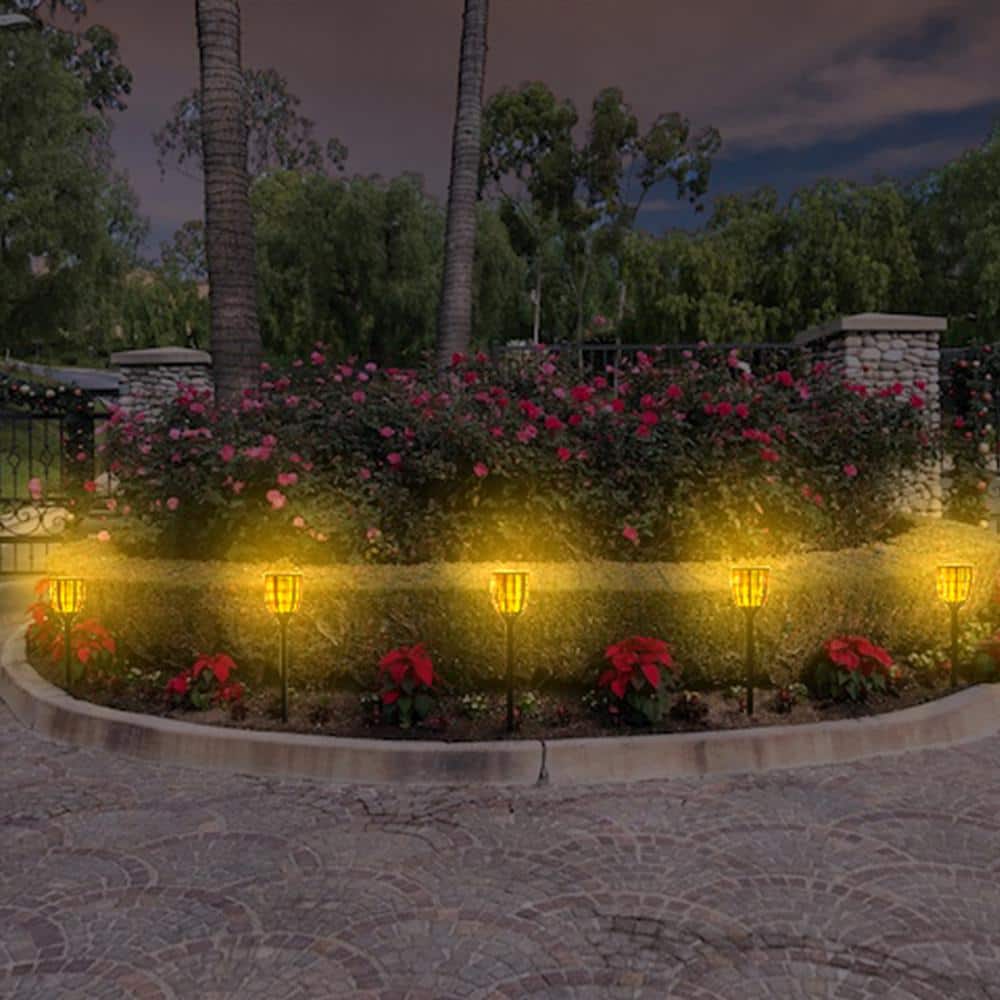Black Solar LED Pathway Torch Light Pack with Flickering Flame