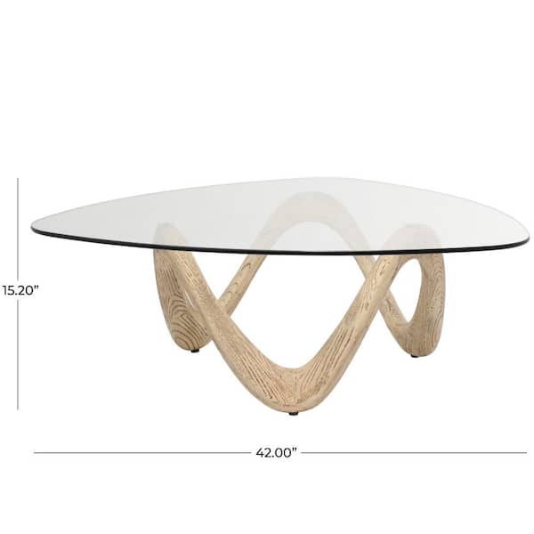 42 in. Beige Medium Triangle Cement Wood Grain Inspired Abstract Coffee Table with Wavy Base and Triangular Glass Top