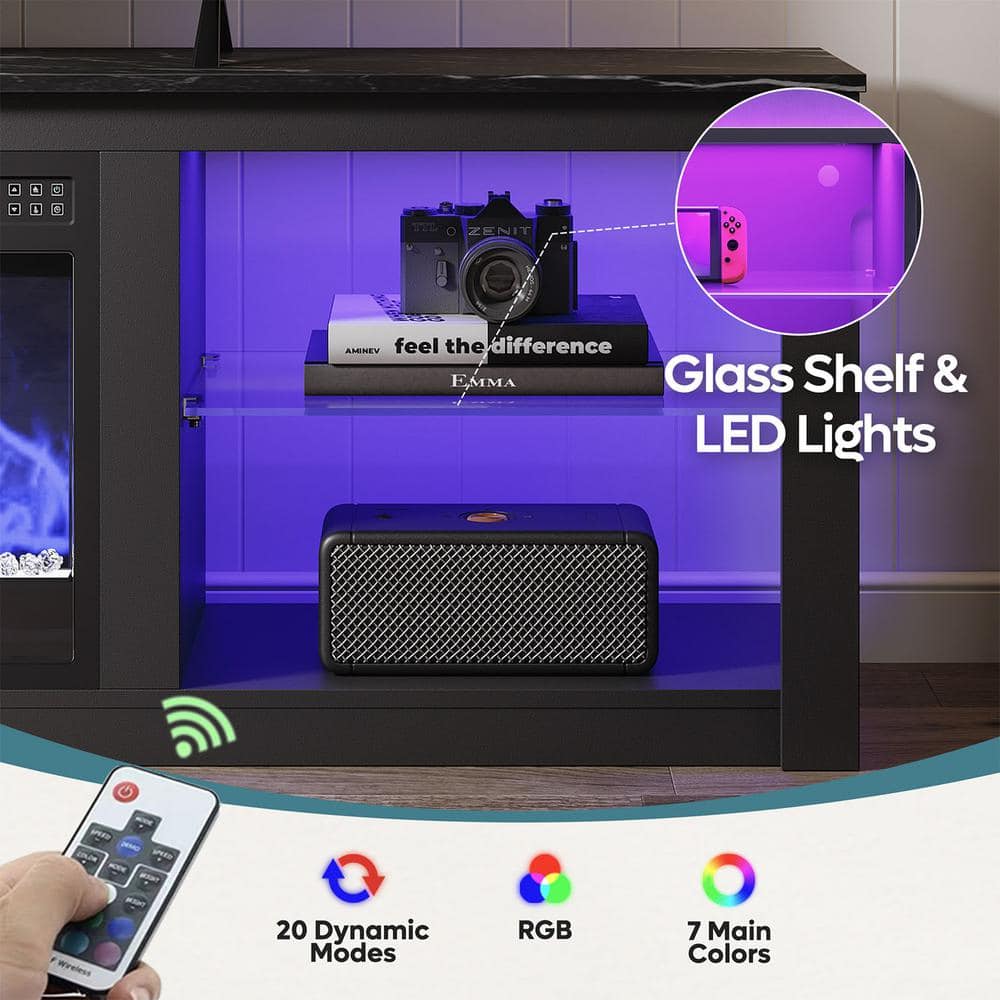 Black Modern Electric Fireplace TV Stand with LED Lights and Cabinet