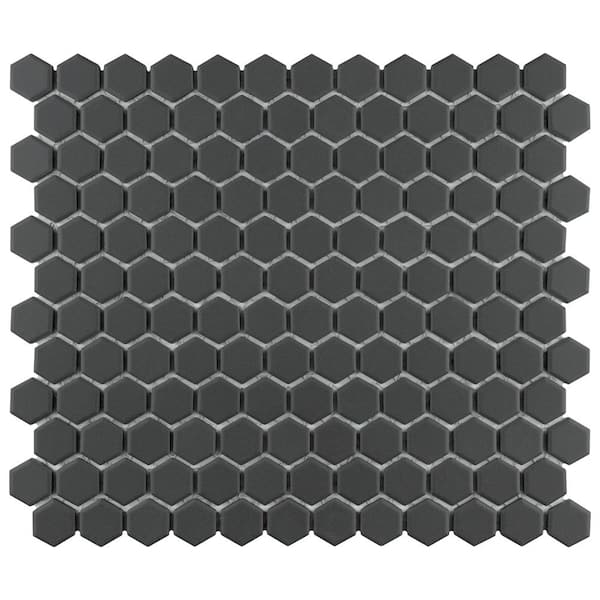 Merola Tile Metropolis 1 in. Hex Unglazed Black 6 in. x 6 in. Porcelain Mosaic Take Home Tile Sample