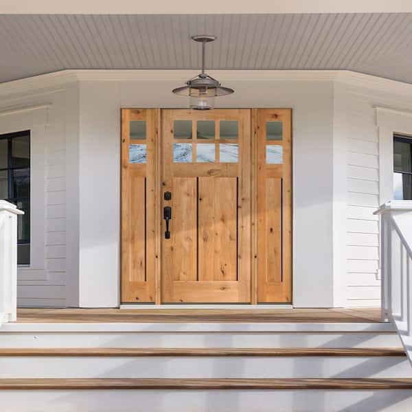 60 in. x 80 in. Knotty Alder Right-Hand/Inswing 6-Lite Clear Glass Red Mahogany Stain Wood Prehung Front Door with DSL