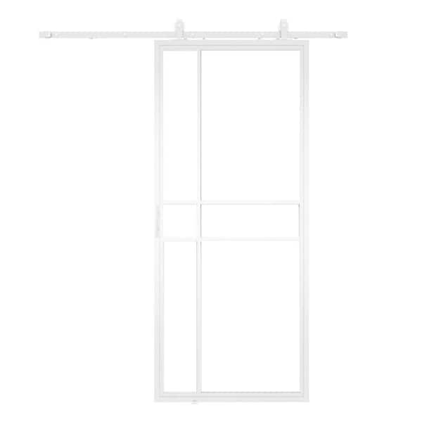 1-Panel 36 in. x 84 in. Clear Glass White Steel Sliding Barn Door with Hardware Kit, 1-Piece No Assembly Required