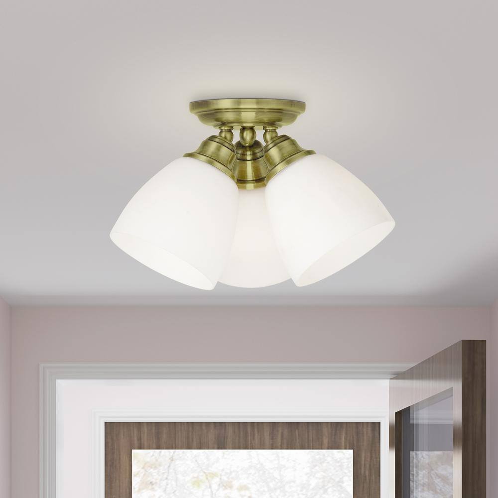 Somerville Antique Brass 3-Light Flush Mount with Satin Opal White Glass
