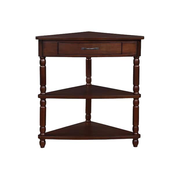 Azalea 33.86 in. Light Espresso Triangular Wood Corner End Table with Drawer and Open Shelves