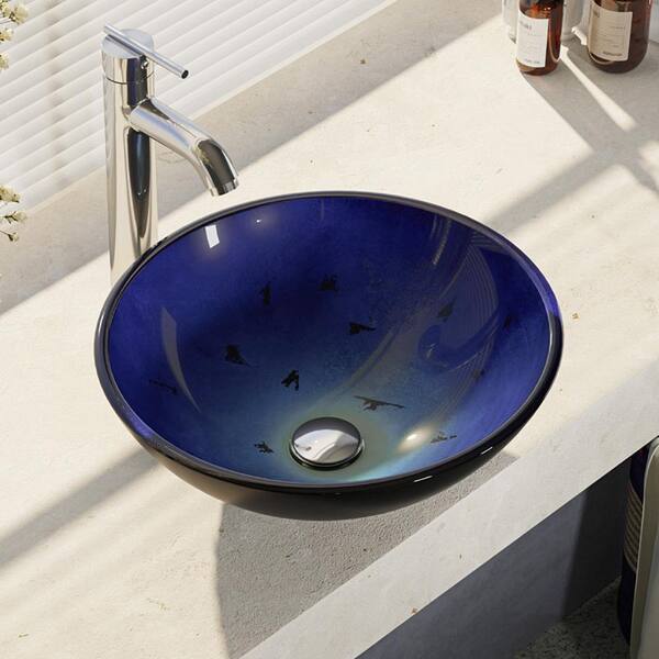 Rene Glass Vessel Sink in Gradient Blue with R9-7001 Faucet and Pop-Up Drain in Chrome