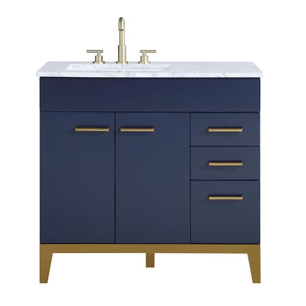 stufurhome Alisson 36 in. W x 22 in. D Vanity in Dark Blue with Marble Vanity Top in Carrara White with White Basin