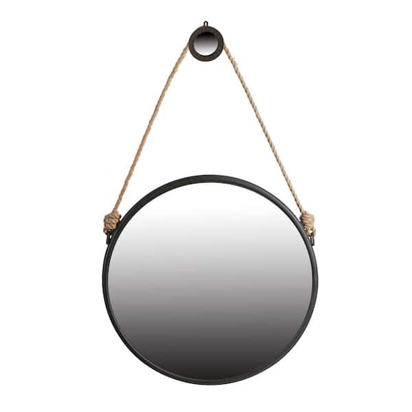 Unbranded Contemporary Industrial 29.5 in. W x 29.5 in. H Round Iron Framed Mirror with Rope Strap