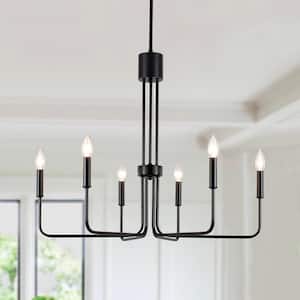 6-Light Matte Black Candle Style Modern Chandelier for Dining Room